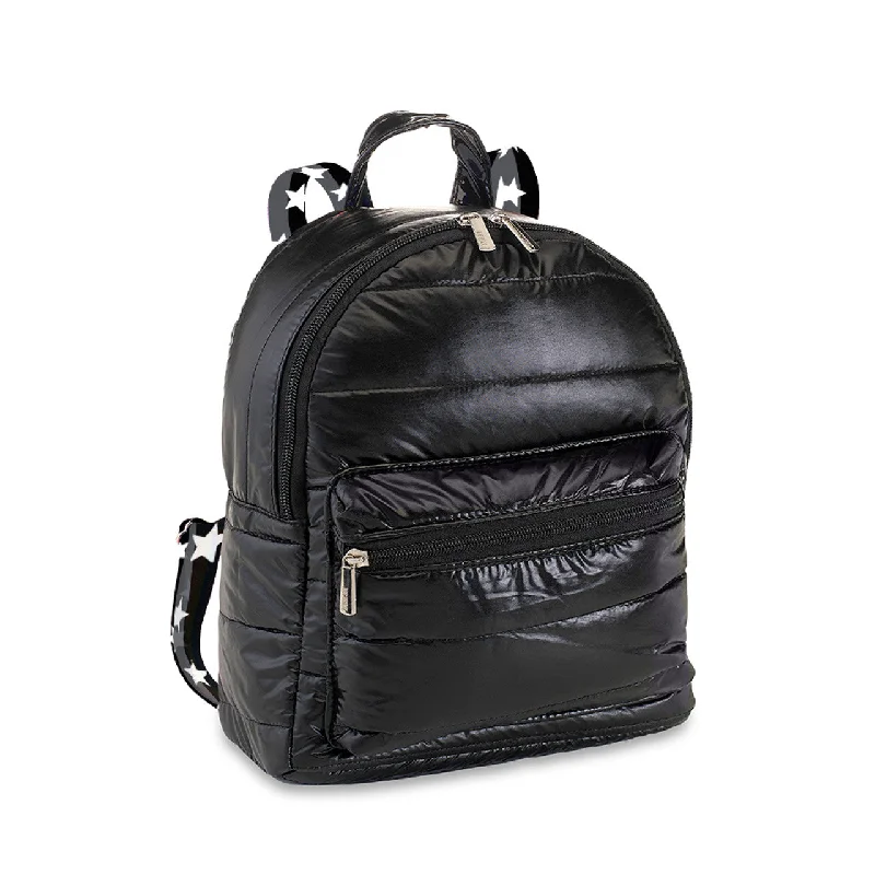 Eco-Friendly And Discounted Bags Black Puffer Mini Backpack w/ Grey Black Split Star Straps
