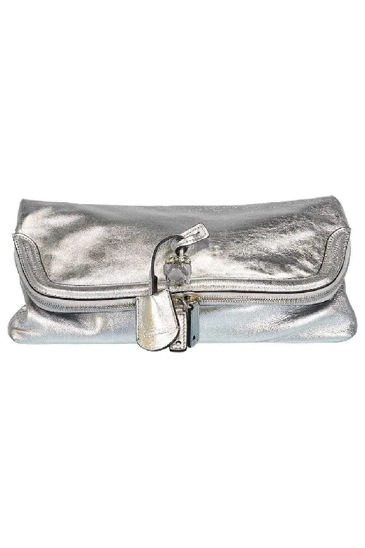 Stylish Bag For Women Silver Skull Padlock Foldover Clutch