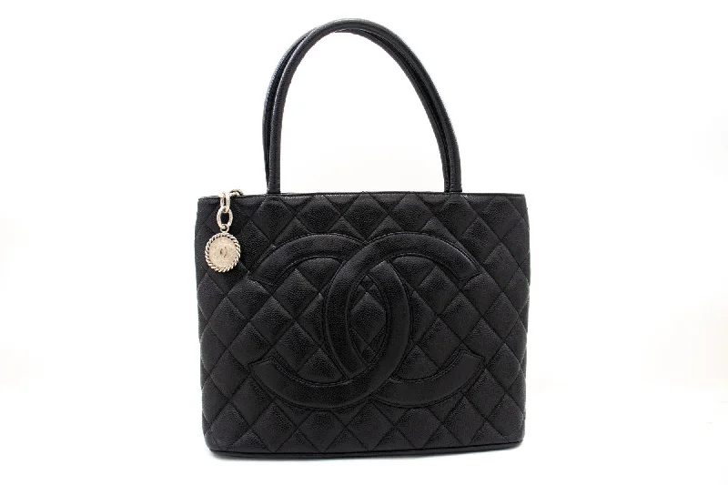 Holiday Gift Bags For Christmas CHANEL Silver Medallion Caviar Shoulder Bag Shopping Tote Black SV k57
