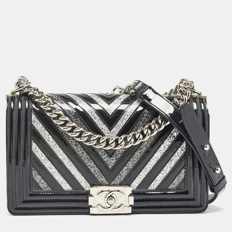 Limited-Time Offer On Trendy Bags Chanel Black/silver Chevron Patent Leather Medium Boy Flap Bag