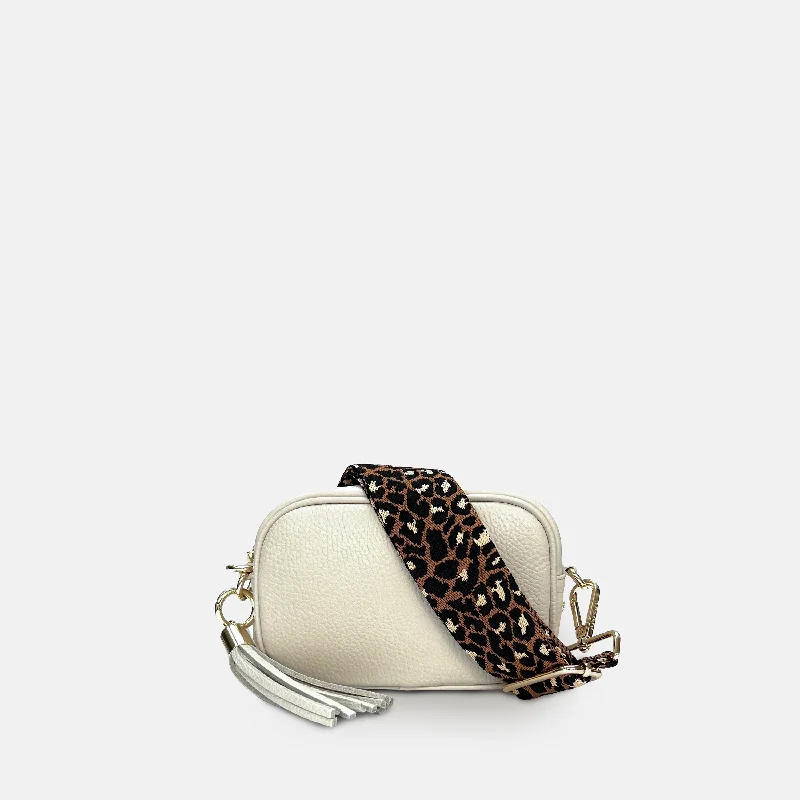 Vintage Bags For Retro And Classic Fashion Lovers The Mini Tassel Stone Leather Phone Bag With Tan Cheetah Strap